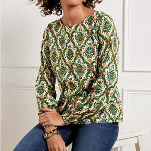 Talbots Green Metallic Geometric Floral Patterned Balloon Sleeve Blouse XL